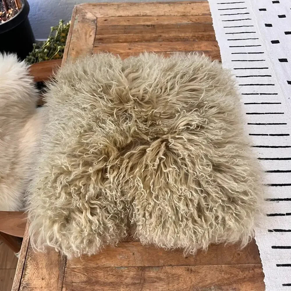 West Elm Pillow Sheep Fur 16” X 16” Cream Tan White Duck Feathers & Down Fill